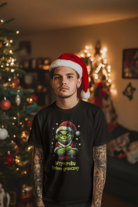Koszulka męska Świąteczna prezent na Święta Grinch Mikołaj byłem grzeczny — zdjęcie 2
