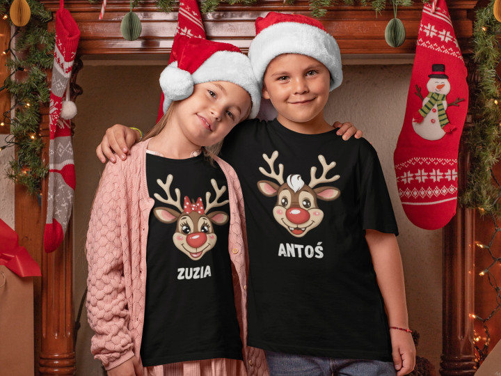 Koszulki Świąteczne dla rodziny 2+2 na święta Renifer Rudolf Wpisz Imiona — zdjęcie 5