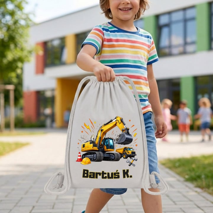 Worek na buty do przedszkola szkoły Koparka budowa z imieniem — zdjęcie 4