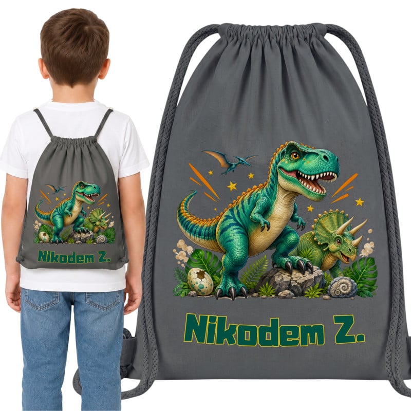 Worek na buty do przedszkola szkoły dinozaury T-rex z imieniem
