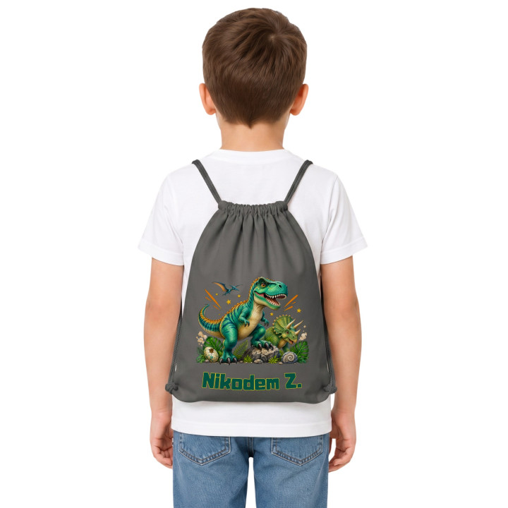 Worek na buty do przedszkola szkoły dinozaury T-rex z imieniem — zdjęcie 3