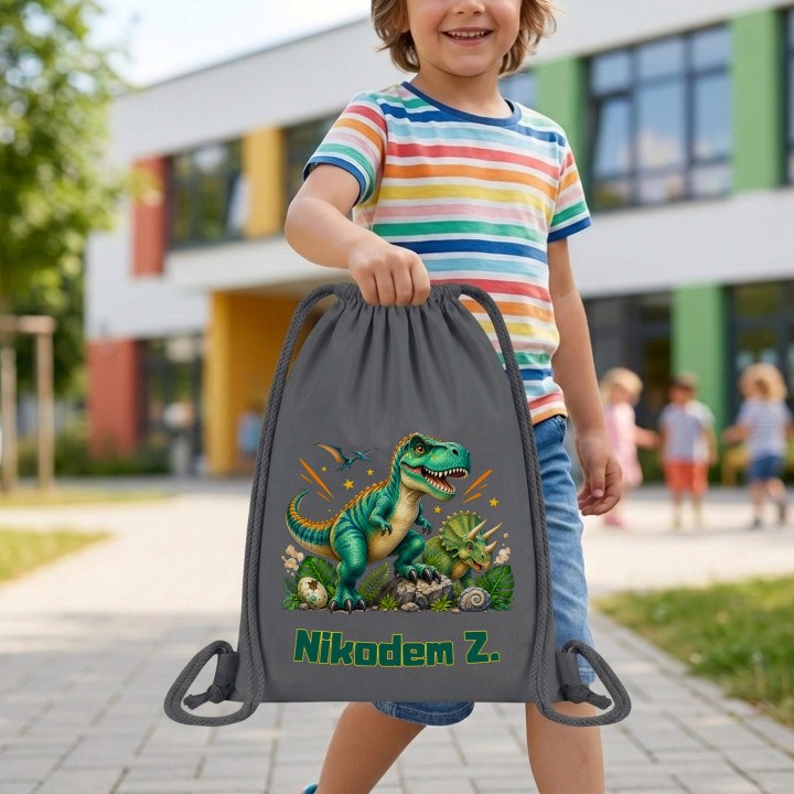 Worek na buty do przedszkola szkoły dinozaury T-rex z imieniem — zdjęcie 4