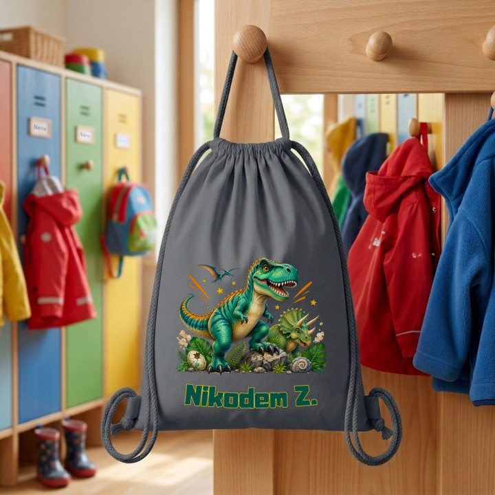 Worek na buty do przedszkola szkoły dinozaury T-rex z imieniem — zdjęcie 5