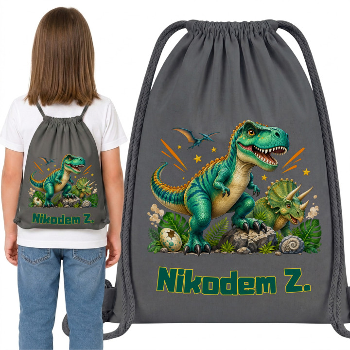 Worek na buty do przedszkola szkoły dinozaury T-rex z imieniem — zdjęcie 6