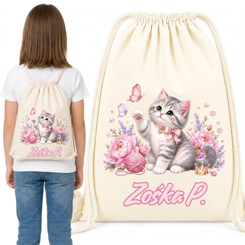 Worek na buty do przedszkola szkoły kwiaty słodki Kotek z imieniem