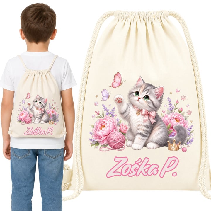 Worek na buty do przedszkola szkoły kwiaty słodki Kotek z imieniem — zdjęcie 6