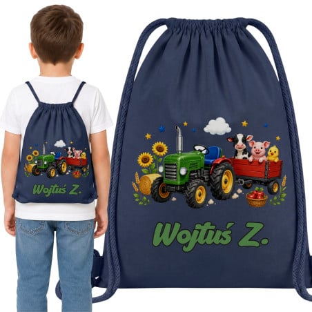 Worek na buty do przedszkola szkoły Traktor farma zwierzęta z imieniem