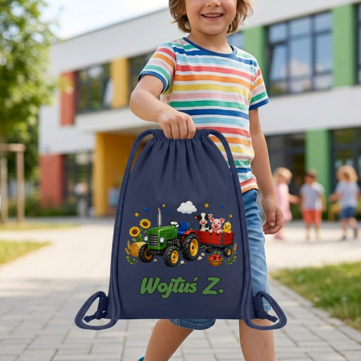 Worek na buty do przedszkola szkoły Traktor farma zwierzęta z imieniem — zdjęcie 4