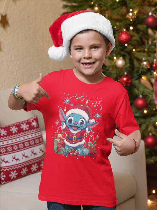 Koszulka dziecięca Świąteczna na Święta uroczy Stitch w stroju Mikołaja — zdjęcie 2