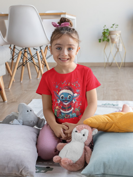 Koszulka dziecięca Świąteczna na Święta uroczy Stitch w stroju Mikołaja — zdjęcie 3