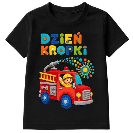 Koszulka dziecięca na Dzień Kropki do przedszkola strażak wóz gaśniczy