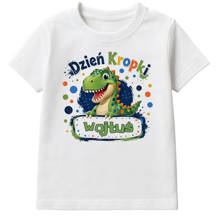 Koszulka dziecięca na Dzień Kropki do przedszkola dinozaur z imieniem
