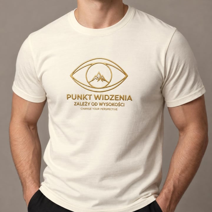 Koszulka męska xpossible „Punkt widzenia” – złote oko z górskim szczytem — zdjęcie 5