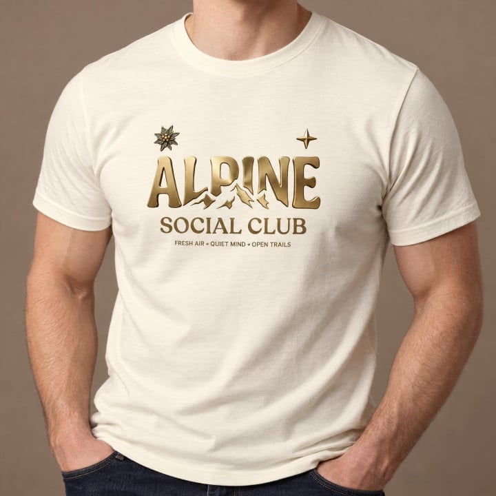 Koszulka męska xpossible „Alpine Social Club” – złoty napis z górami i szarotką — zdjęcie 5