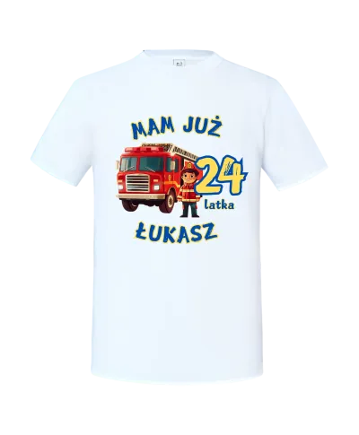 Koszulka męska urodzinowa Strażak Wóz strażacki na urodziny Wpisz Imię Wiek