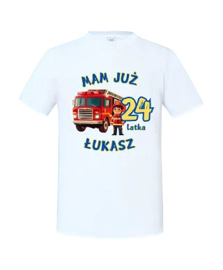 Koszulka męska urodzinowa Strażak Wóz strażacki na urodziny Wpisz Imię Wiek