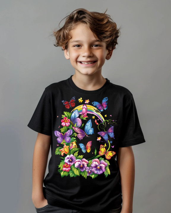 Koszulka dziecięca z kwiatami w Motyle kolorowa Tęcza T-shirt dziecięcy — zdjęcie 4