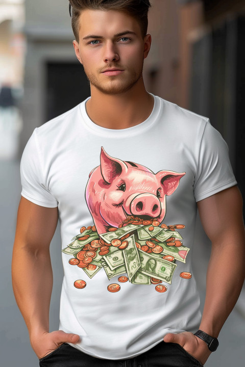 Koszulka męska ze świnką skarbonką pełną pieniędzy śmieszny T-shirt męski — zdjęcie 2