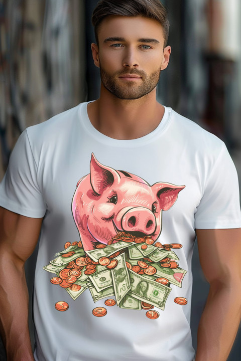 Koszulka męska ze świnką skarbonką pełną pieniędzy śmieszny T-shirt męski — zdjęcie 3