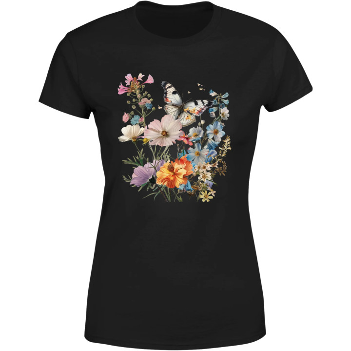 Koszulka damska kwiatowa piękna motyl w ogrodzie kwiatów T-shirt damski