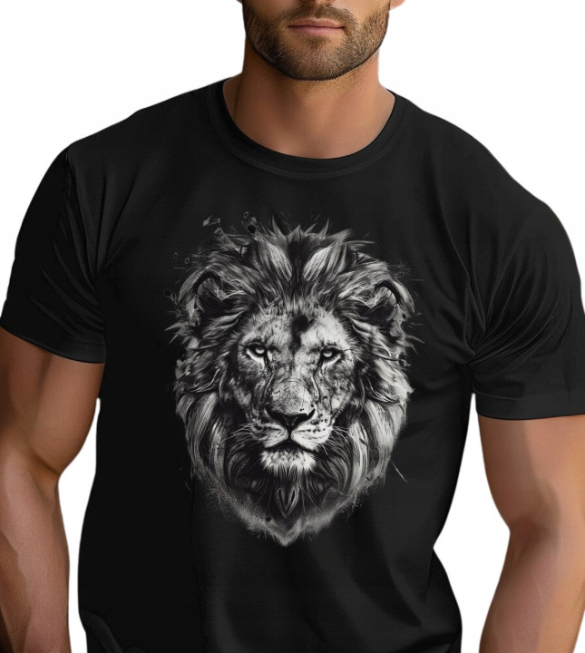 Koszulka męska z Lwem artystyczny lew symbol siły i odwagi T-shirt męski — zdjęcie 2