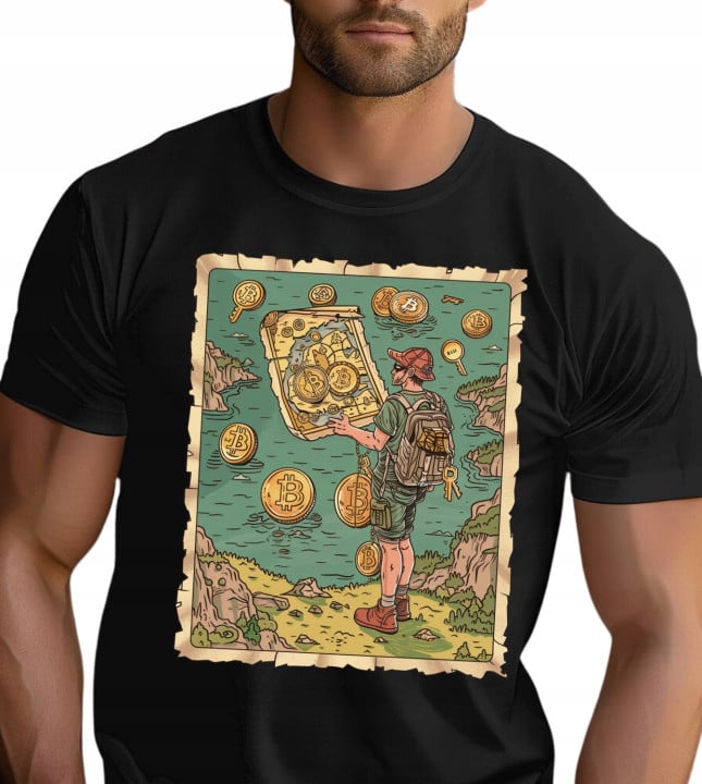 Koszulka męska z bitcoinem mapa skarbów Bitcoin kryptowalut T-shirt męski — zdjęcie 3