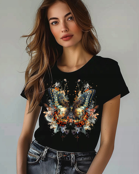 Koszulka damska piękny artystyczny elegancki motyl w kwiaty T-shirt damski — zdjęcie 2