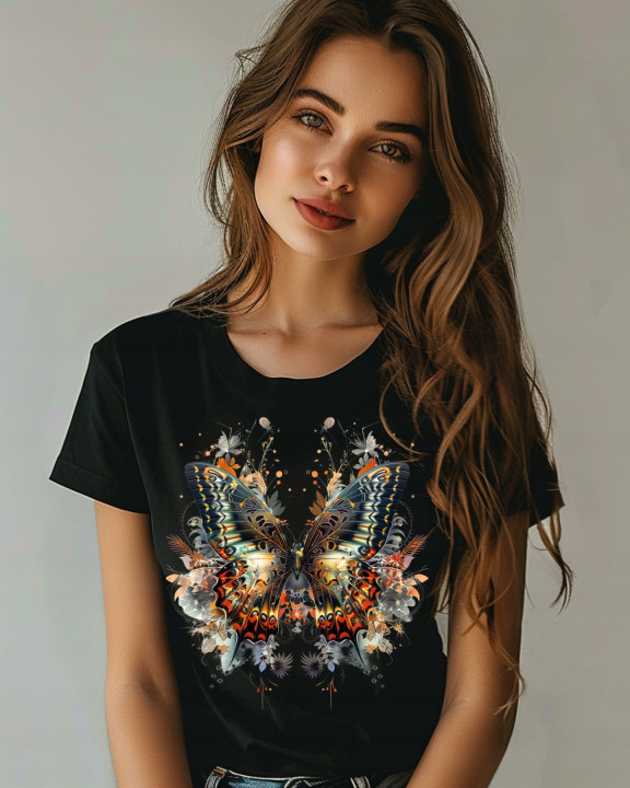 Koszulka damska piękny artystyczny elegancki motyl w kwiaty T-shirt damski — zdjęcie 3