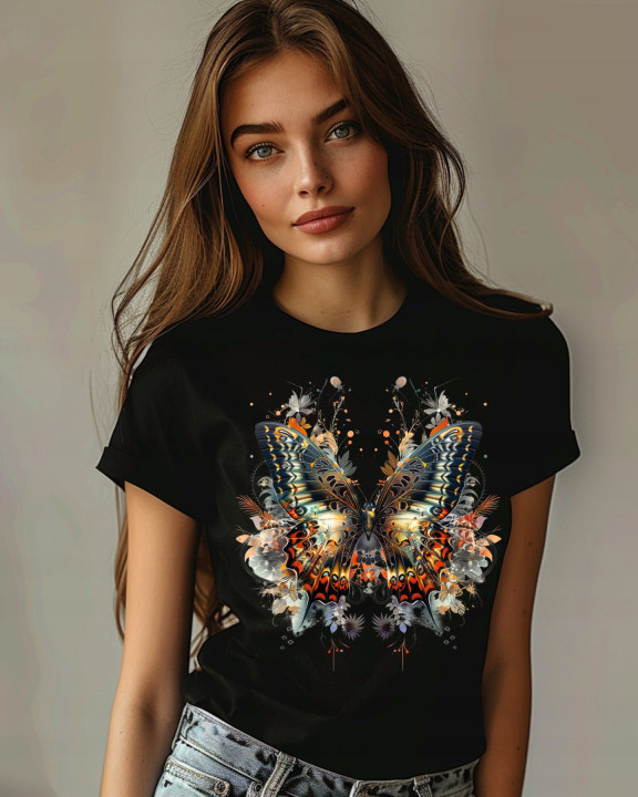 Koszulka damska piękny artystyczny elegancki motyl w kwiaty T-shirt damski — zdjęcie 4
