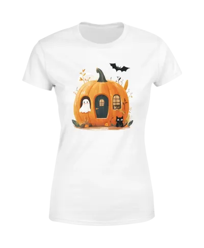 Koszulka damska Dynia Domek z czarnym kotem i duchem na Halloween