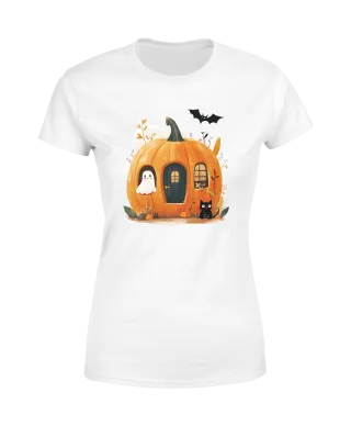 Koszulka damska Dynia Domek z czarnym kotem i duchem na Halloween