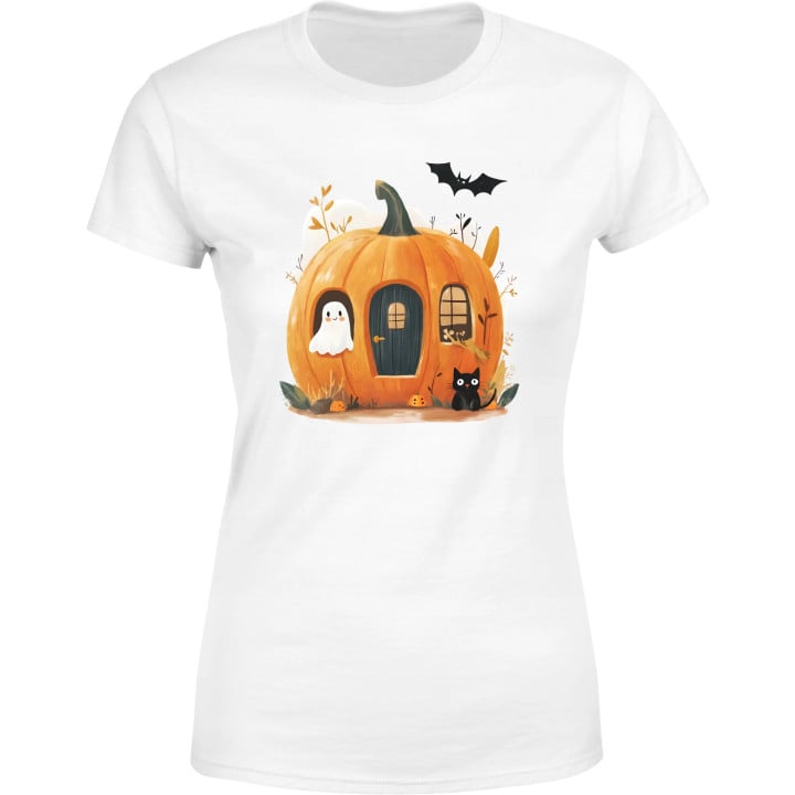 Koszulka damska Dynia Domek z czarnym kotem i duchem na Halloween