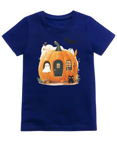 Koszulka dziecięca Dynia Domek z czarnym kotem i duchem na Halloween
