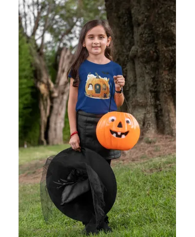 Koszulka dziecięca Dynia Domek z czarnym kotem i duchem na Halloween