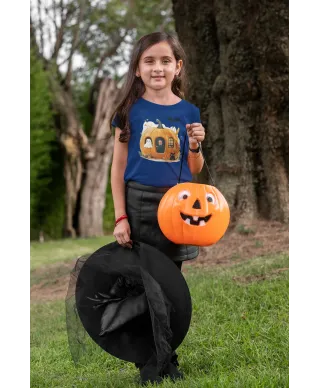 Koszulka dziecięca Dynia Domek z czarnym kotem i duchem na Halloween