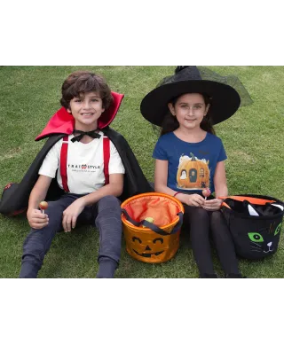 Koszulka dziecięca Dynia Domek z czarnym kotem i duchem na Halloween