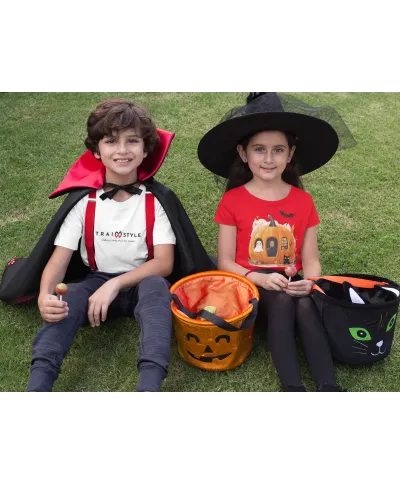 Koszulka dziecięca Dynia Domek z czarnym kotem i duchem na Halloween