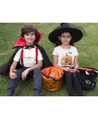 Koszulka dziecięca Dynia Domek z czarnym kotem i duchem na Halloween