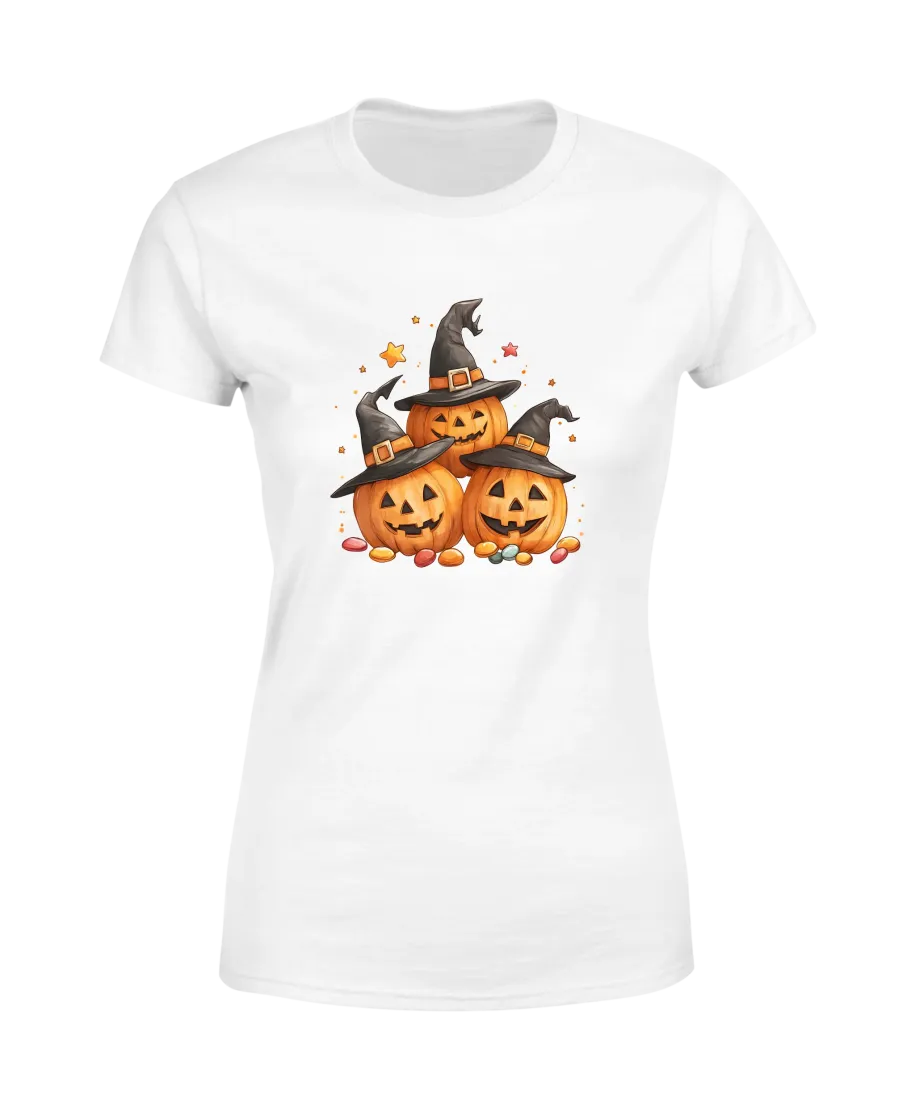 Koszulka damska Halloween dzień dyni Trzy Dynie w kapeluszach czarownicy Koszulka damska Halloween dzień dyni Trzy Dynie w kapeluszach czarownicy