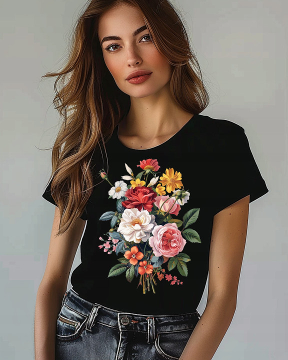 Koszulka damska kwiatowa z pięknym bukietem kwiatów T-shirt damski — zdjęcie 2