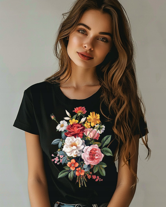 Koszulka damska kwiatowa z pięknym bukietem kwiatów T-shirt damski — zdjęcie 3