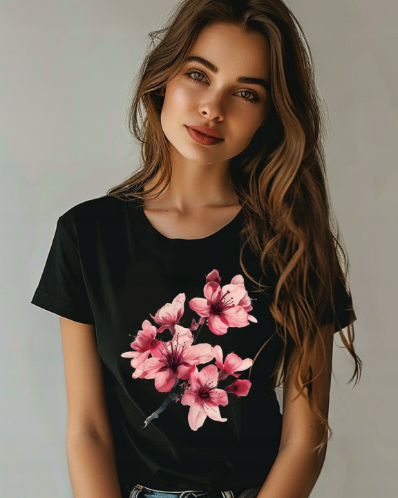 Koszulka damska kwiatowa piękna kwitnąca gałązka kwiatów T-shirt damski — zdjęcie 2