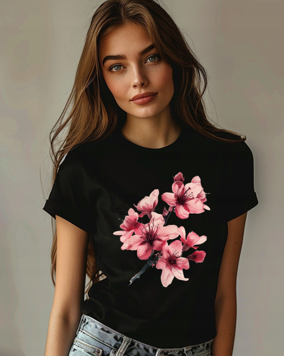 Koszulka damska kwiatowa piękna kwitnąca gałązka kwiatów T-shirt damski — zdjęcie 3