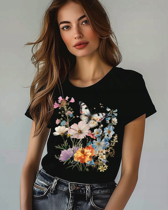 Koszulka damska kwiatowa piękna motyl w ogrodzie kwiatów T-shirt damski — zdjęcie 2