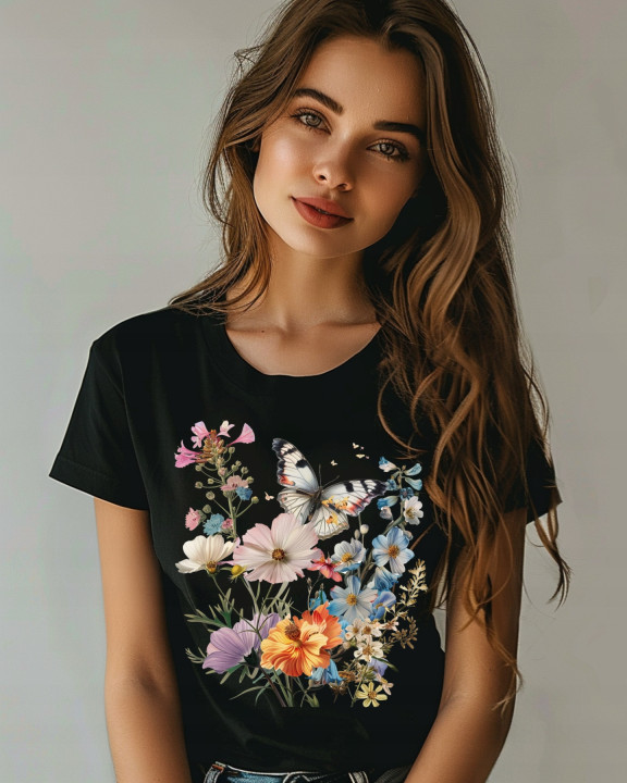 Koszulka damska kwiatowa piękna motyl w ogrodzie kwiatów T-shirt damski — zdjęcie 3