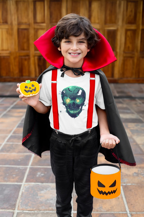 Koszulka dziecięca na Halloween mroczna Czaszka Świecąca w Ciemności — zdjęcie 2