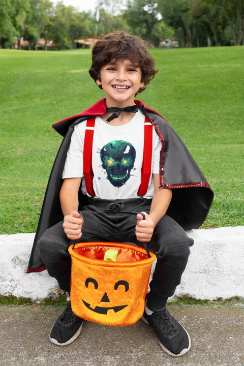 Koszulka dziecięca na Halloween mroczna Czaszka Świecąca w Ciemności — zdjęcie 4