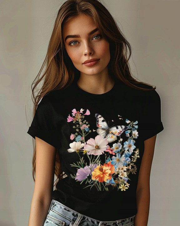 Koszulka damska kwiatowa piękna motyl w ogrodzie kwiatów T-shirt damski — zdjęcie 4