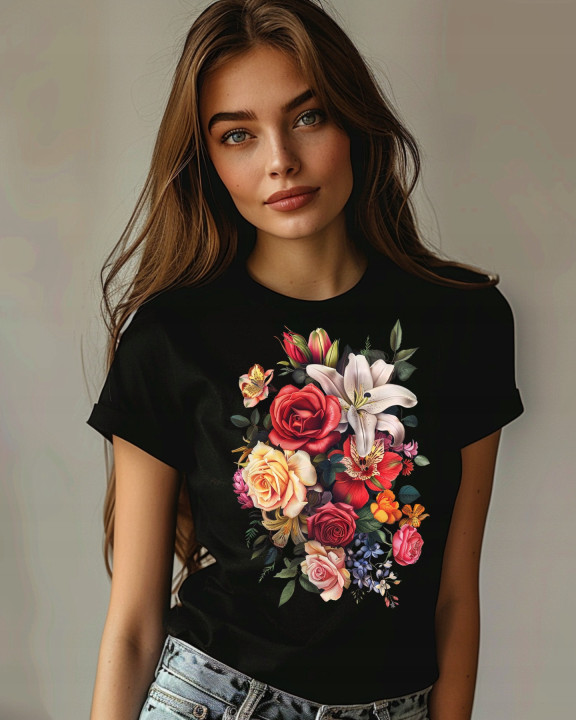 Koszulka damska kwiatowa z pięknym bukietem kwiatów 2 T-shirt damski — zdjęcie 4
