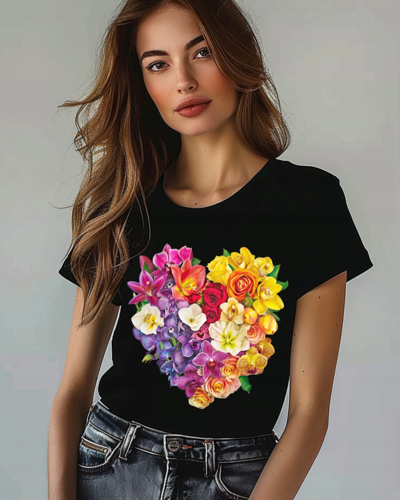 Koszulka damska kwiatowa piękne serce z kwiatów T-shirt damski — zdjęcie 2
